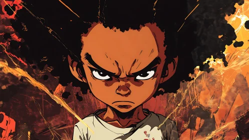 Defiant young hero glares amid fiery abstract chaos