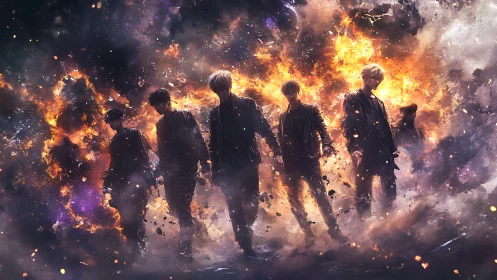 Silhouetted group walking through fiery cosmic blast.