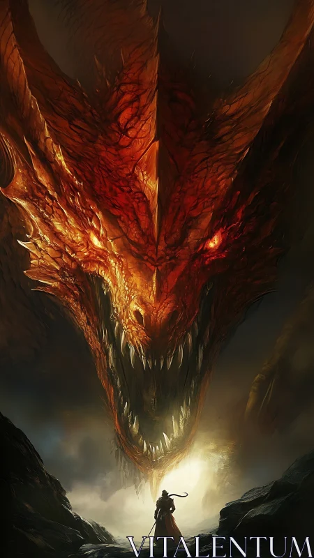 Giant fire dragon facing lone warrior in rocky canyon.