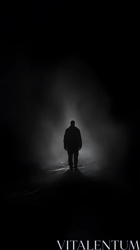 Backlit human silhouette in volumetric night fog field.