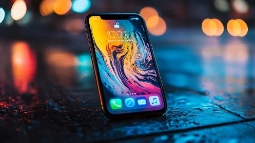 Neon-drenched smartphone glows against rain-slick city night.