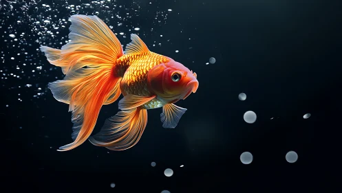 Vibrant orange goldfish swims through dark aquatic void