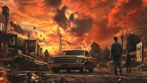Two figures stand on ruined street under burning orange sky