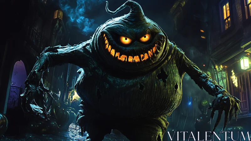 Playfully creepy pumpkin monster roaming a Halloween street.