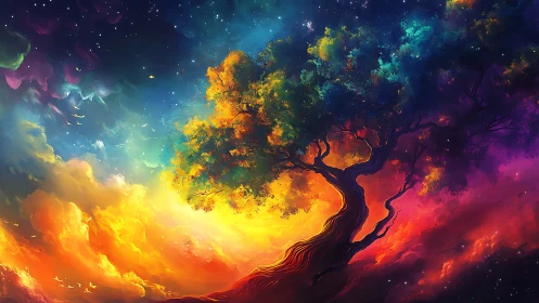 Chromatic nebula tree under cosmic gradient skyscape.