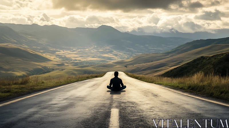 Solitary traveler sits on wet mountain road at sunrise.