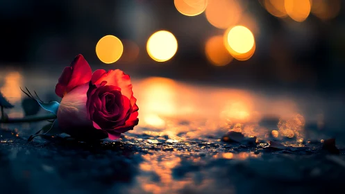 Single red rose on wet pavement under warm city lights.