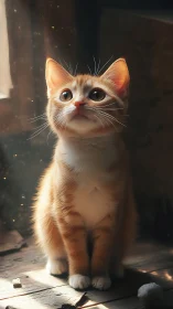 Adorable Orange and White Kitten Sits Patiently in Warm Sunlight.