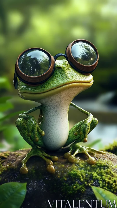 Curious frog in big round goggles enjoying a sunny forest.