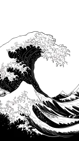 Powerful black and white wave curls toward distant calm shores