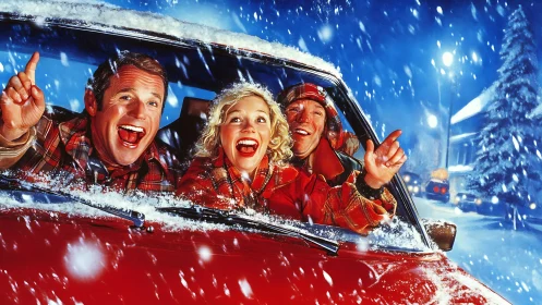 Three people in red car during heavy nighttime snowfall.
