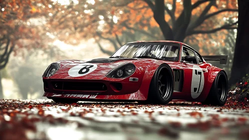 Autumn track legend idles low beneath flaming forest canopy.