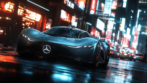 Futuristic Mercedes concept car in neon city at night.