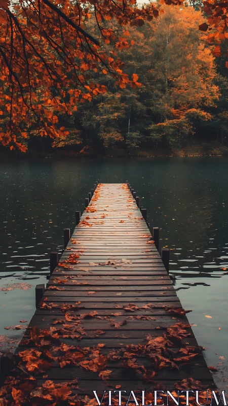 Photorealistic autumn pier with leading-line composition study.