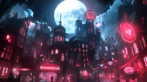 Moonlit neon city glows with dreamy futuristic magic