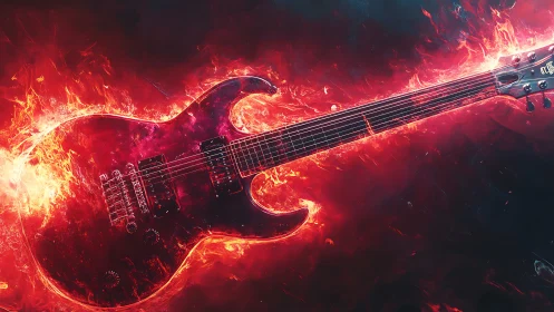 Electric guitar surrounded by stylized red flames in motion.