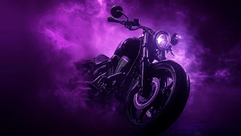 Custom black motorcycle emerges through neon purple fog.