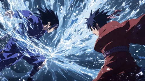 Clashing anime warriors amid explosive blue energy torrent.