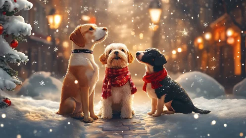 Festive trio of winter dogs in glowing city snowfall scene.