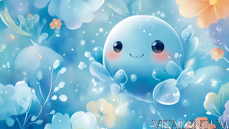 Kawaii blue jelly creature in luminous floral underwater bloom
