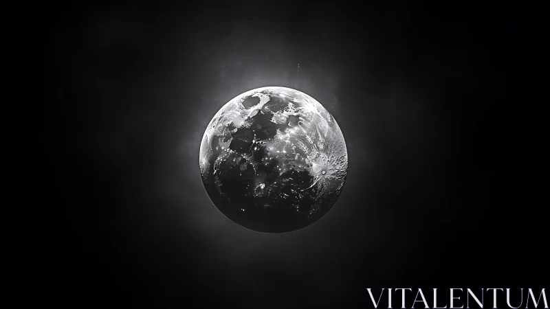 Monochrome illuminated moon with surface detail in space.