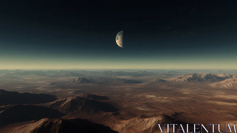 Silent alien mesa under a rising half-world moonlit hush.