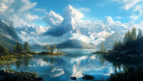 Mountain lake landscape with clouds and reflective water.