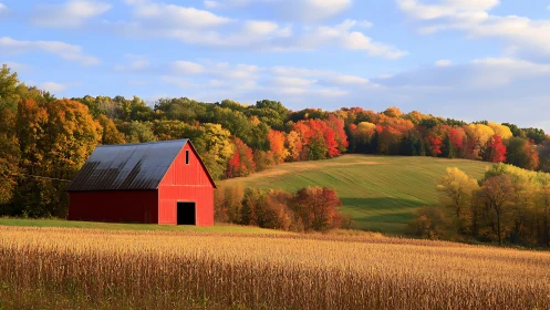Cozy red barn resting in rolling autumn countryside warmth.