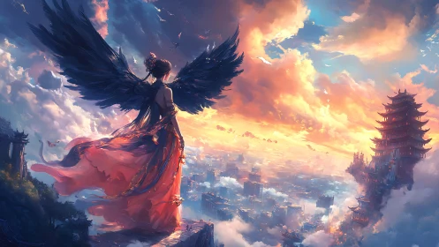 Winged guardian above sunrise city in ethereal fantasy panorama.