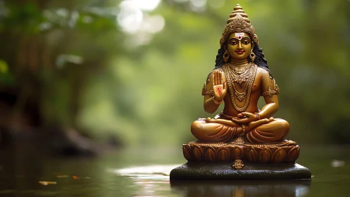 Golden river goddess statue resting in quiet forest light.