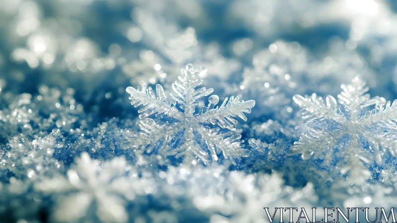 Crystal snowflakes in shimmering icy macro focus detail.