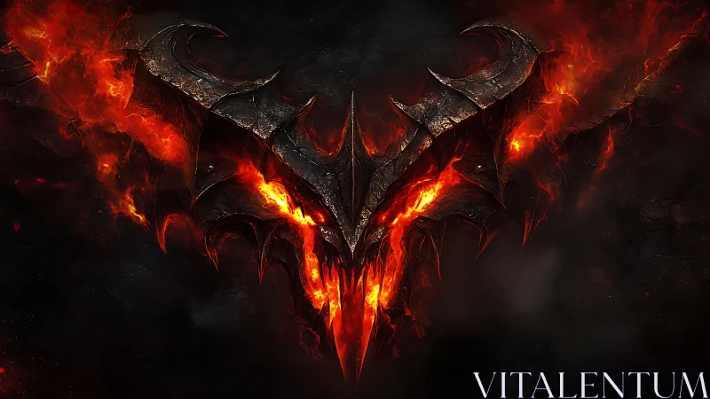 Demonic molten emblem burns through cracked black armor