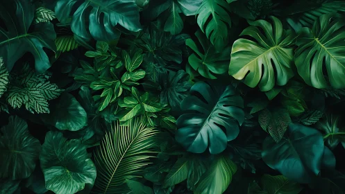 Lush dark green tropical leaves layered in dense pattern.