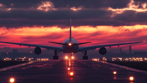 Passenger jet aligns with glowing sunset runway lights.