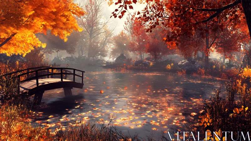 Autumnal woodland pond with arched bridge and specular foliage.