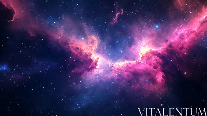 Nebula clouds glow in pink and blue across deep space.