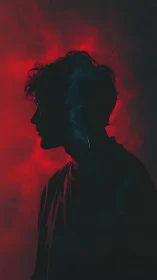 Digital painting silhouette portrait in red smoke field.