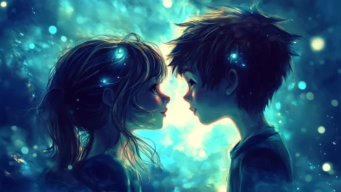 Starlit kids share a gentle moment in glowing blue light.