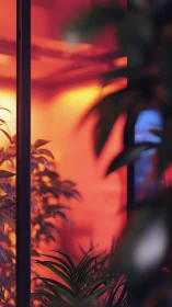 Indoor plants framed by warm orange glass panels.