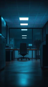 Minimalist Night Office Interior with Blue Neon Lighting.