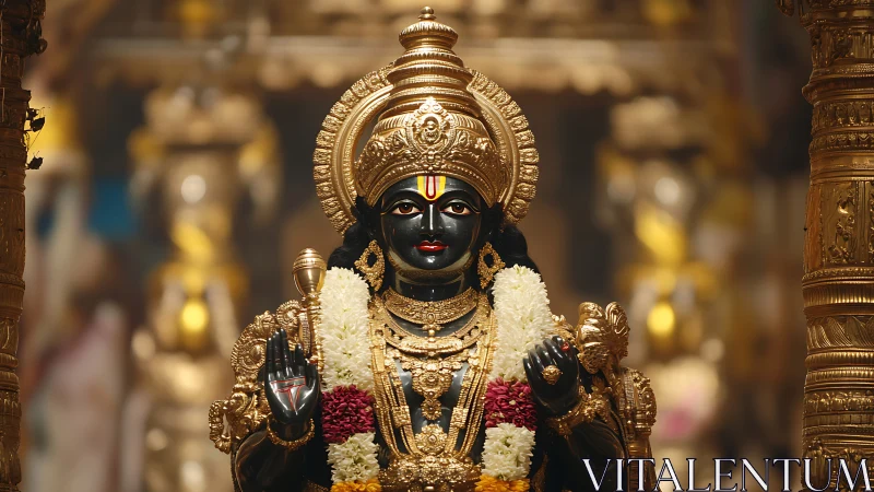 Golden adorned deity statue with garlands in temple hall.
