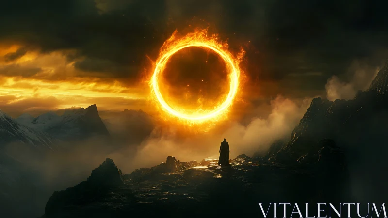 Solitary figure observing fiery circular portal in sky.