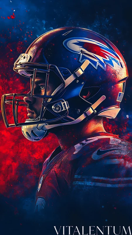 Focused football player glowing in bold red and blue light.