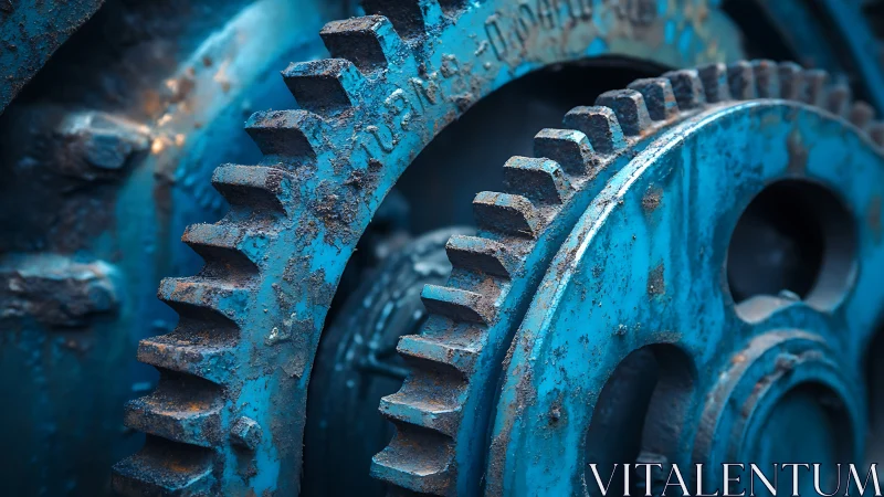 Weathered blue metal gears capture rugged industrial motion