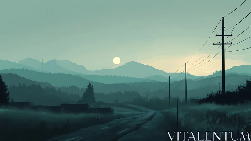 Quiet roadside sunrise over teal-tinted mountain hush.