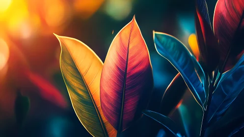 Backlit tropical leaves reveal luminous chromatic gradients