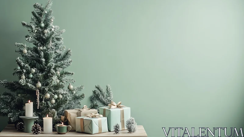 Minimalist frosted Christmas tree with pastel-toned wrapped gifts