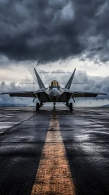 Stealth fighter jet on wet runway under dense storm clouds.