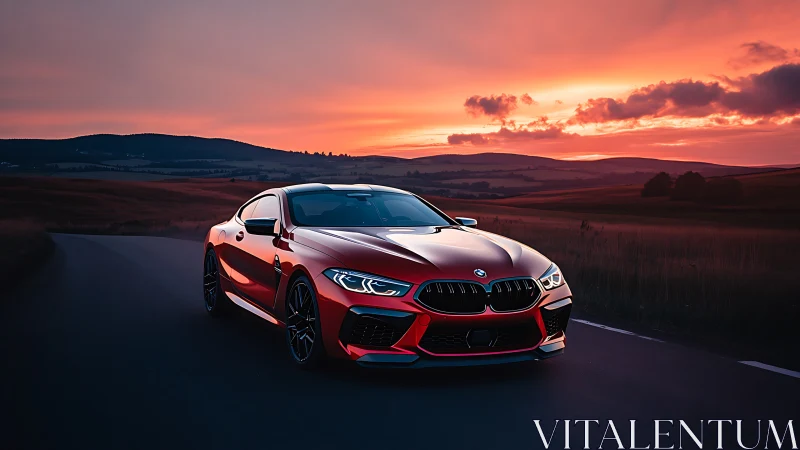 Sunset drive with a sleek red sports car on open road.