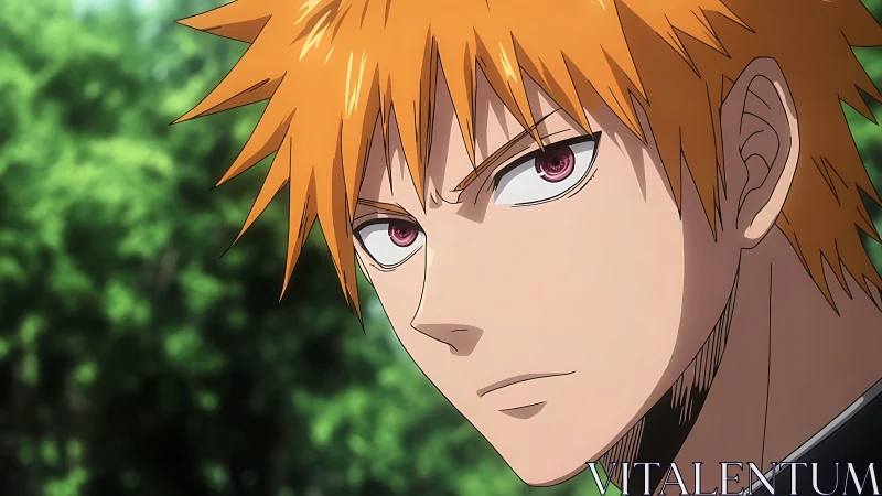 Orange haired anime boy in close up outdoor portrait.